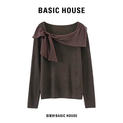 Basic House/百家好轻奢撞色飘带蝴蝶结针织上衣女修身长袖打底衫