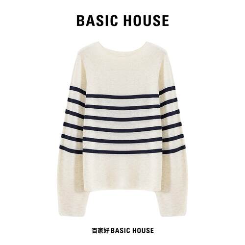 Basic House/百家好经典撞色横条纹针织上衣女软糯宽松落肩款长袖
