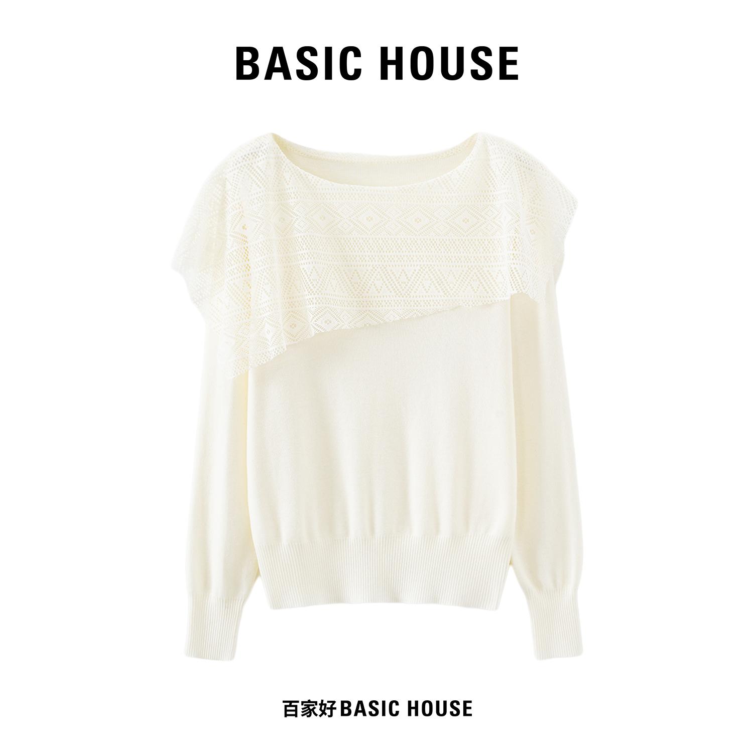 Basic House/百家好不规则蕾丝披肩拼接针织衫上衣女温柔气质小衫图片
