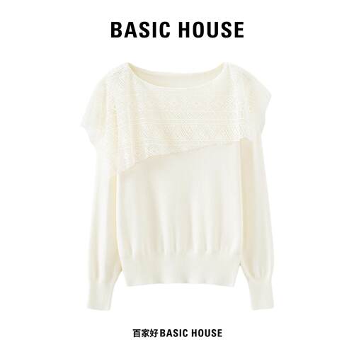 Basic House/百家好不规则蕾丝披肩拼接针织衫上衣女温柔气质小衫