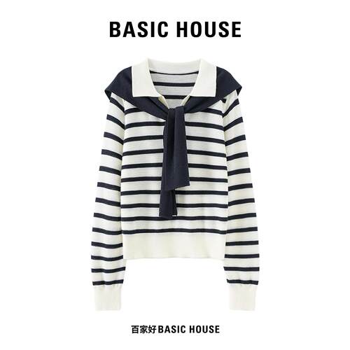 Basic House/百家好撞色披肩假两件条纹针织衫Polo领长袖套头上衣