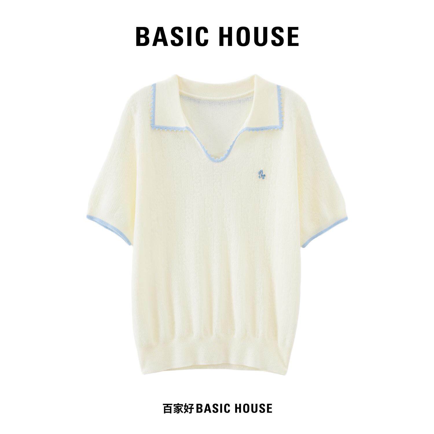 Basic House/百家好慵懒温柔撞色Polo领针织短袖夏季通勤百搭上衣