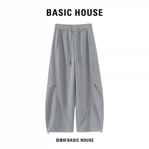 Basic House/百家好早秋阔腿弯刀卫裤女纯色百搭休闲束脚运动长裤