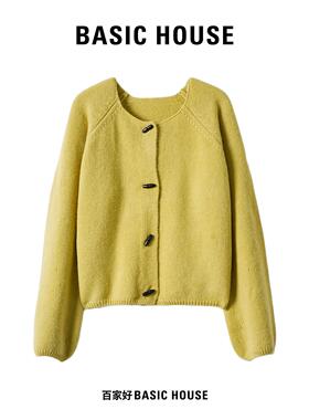 Basic House/百家好长袖针织衫女2025春季新款设计感牛角扣上衣XX