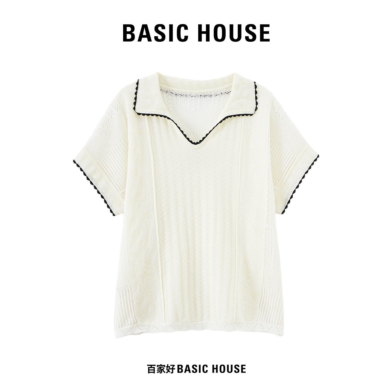 Basic House/百家好法式撞色翻领针织短袖女夏季薄款镂空宽松上衣图片