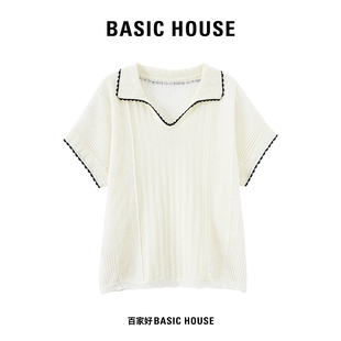 Basic House/百家好法式撞色翻领针织短袖女夏季薄款镂空宽松上衣