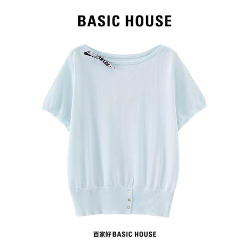 Basic House/百家好慵懒风丝巾装饰针织衫女夏季薄款百搭显瘦上衣