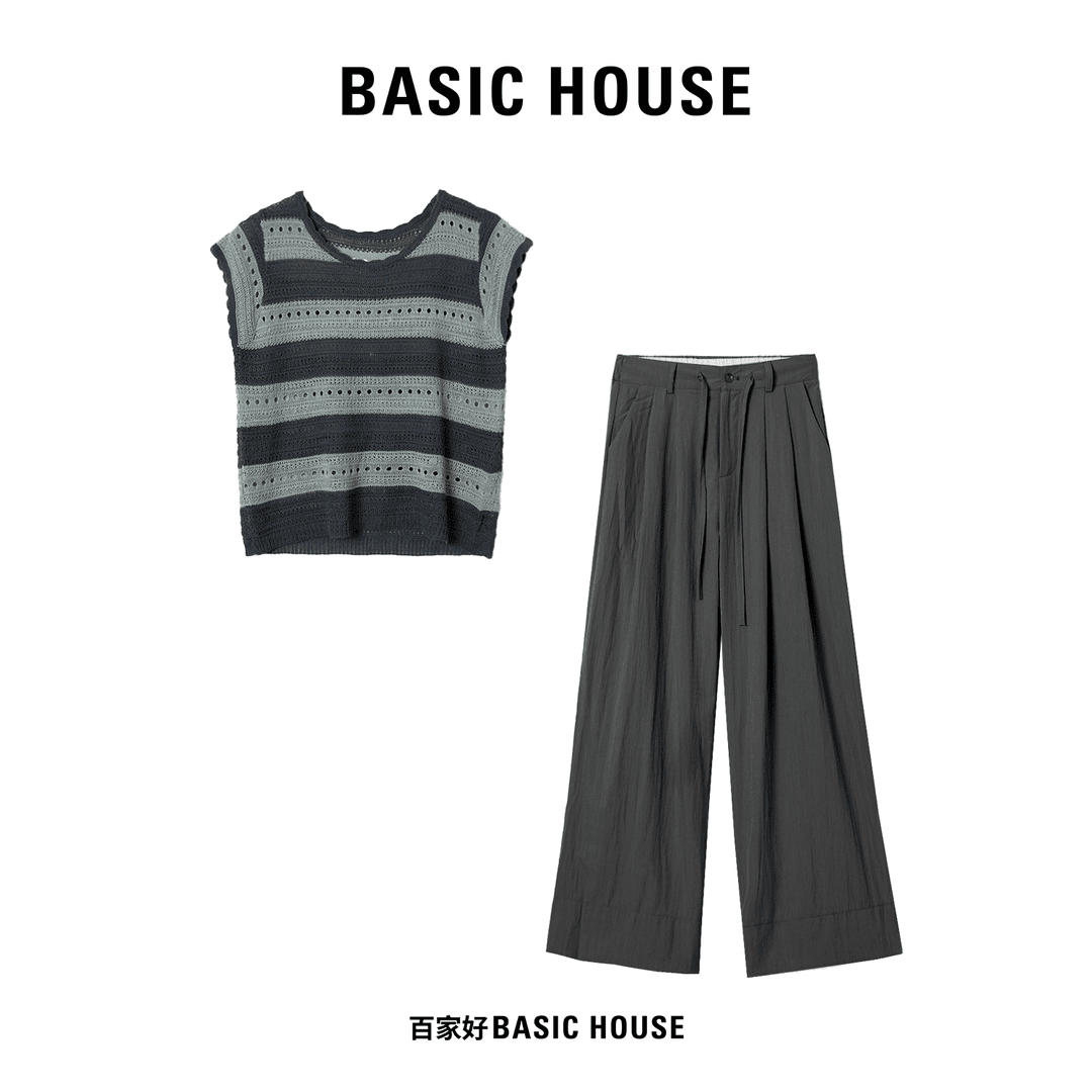 百家好条纹短袖高腰长裤套装女