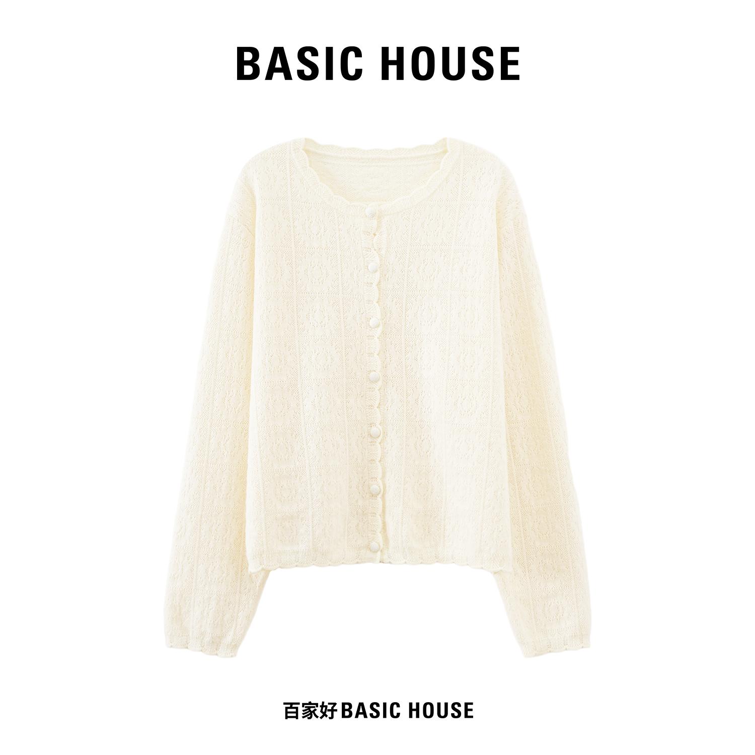 Basic House/百家好法式波浪领钩花针织开衫女宽松镂空软糯上衣