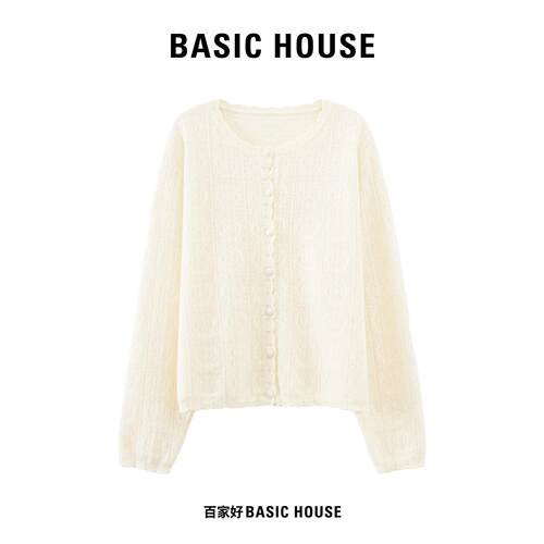 Basic House/百家好法式波浪领钩花针织开衫女宽松镂空软糯上衣