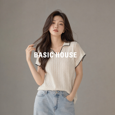 Basic House/百家好法式撞色镂空翻领针织短袖女夏季薄款宽松上衣