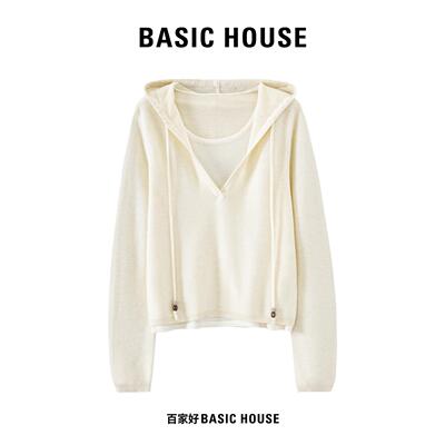 Basic House/百家好纯色假两件连帽针织衫宽松遮肉休闲风长袖上衣