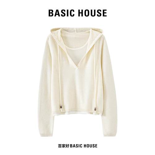 Basic House/百家好纯色假两件连帽针织衫宽松遮肉休闲风长袖上衣