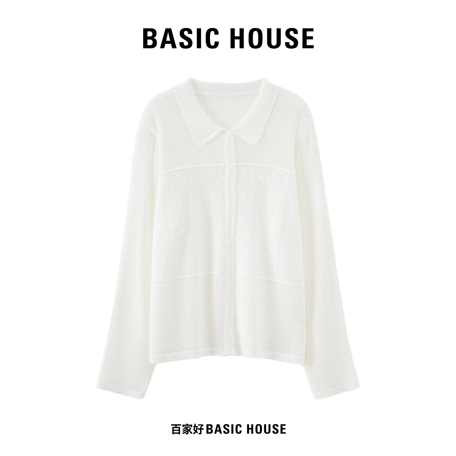 Basic House/百家好重工蕾丝花边翻领针织开衫轻薄肌理感白色长袖图片