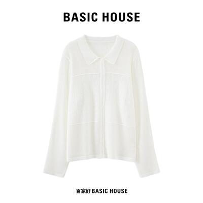 Basic House/百家好重工蕾丝花边翻领针织开衫轻薄肌理感白色长袖