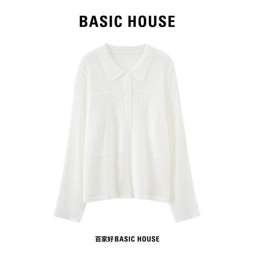 Basic House/百家好重工蕾丝花边翻领针织开衫轻薄肌理感白色长袖
