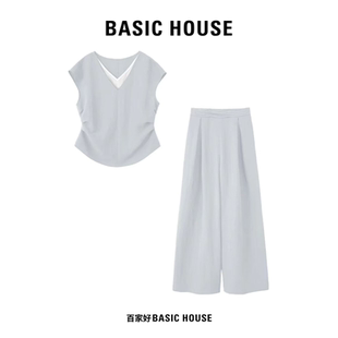 Basic House/百家好2025夏季新款时尚V领极简风短袖设计感套装女