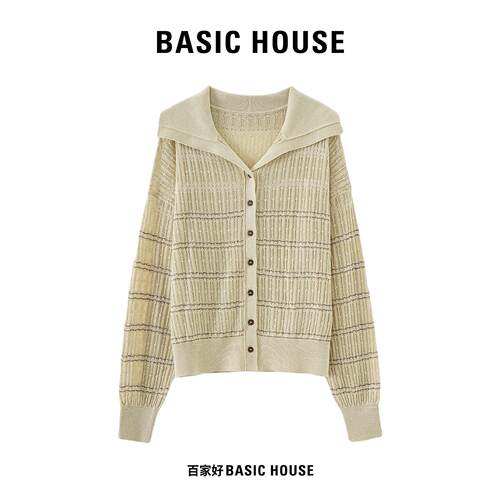 Basic House/百家好简约气质大翻领针织开衫女镂空条纹宽松上衣