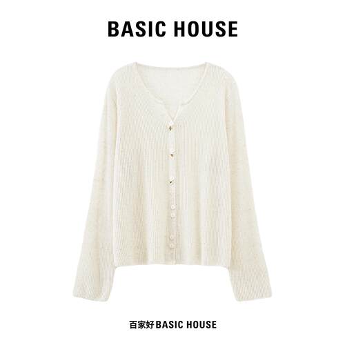 Basic House/百家好早秋针织开衫竖坑条V领单排扣长袖温柔风上衣