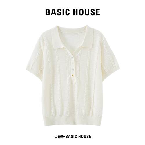 Basic House/百家好慵懒风竖条肌理Polo领针织女夏季薄款宽松上衣