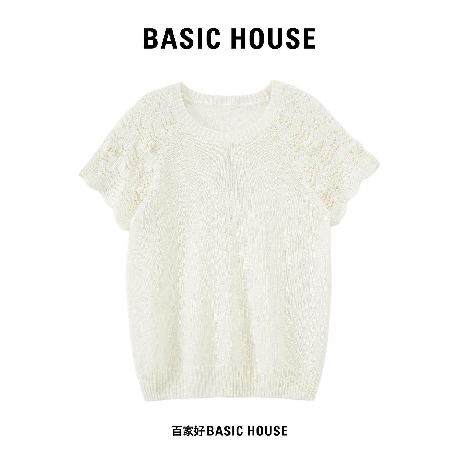 Basic House/百家好夏季薄款镂空针织短袖女立体绣花设计百搭上衣图片