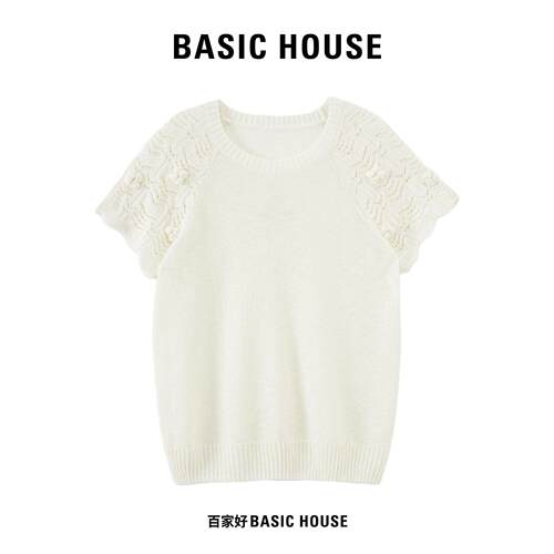 Basic House/百家好夏季薄款镂空针织短袖女立体绣花设计百搭上衣
