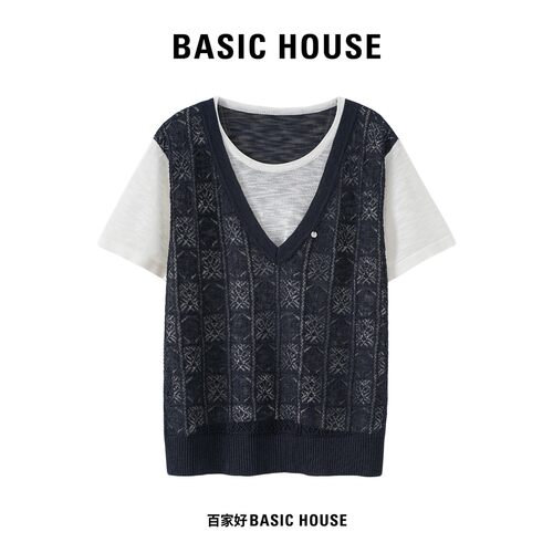 Basic House/百家好薄款撞色假两件针织衫女复古方格提花百搭上衣