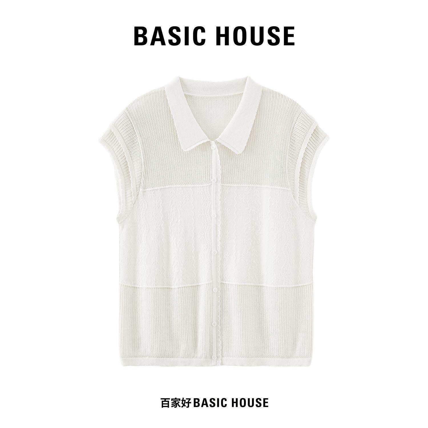 Basic House/百家好夏季轻薄镂空针织衫女花边翻领白色无袖上衣图片