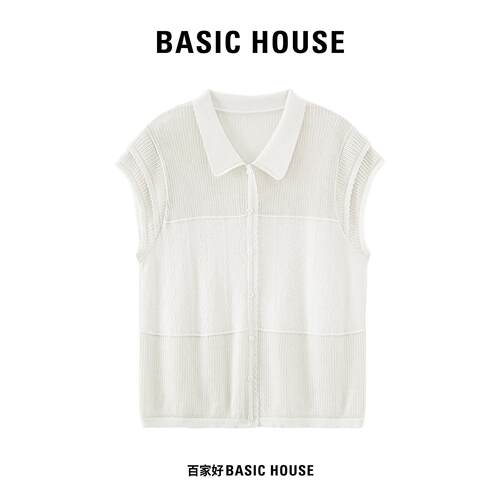 Basic House/百家好夏季轻薄镂空针织衫女花边翻领白色无袖上衣