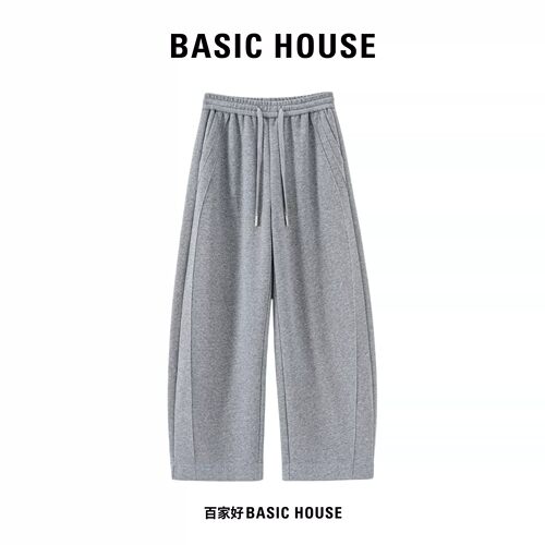 Basic House/百家好慵懒风弯刀卫裤女分割线设计松紧抽绳阔腿长裤