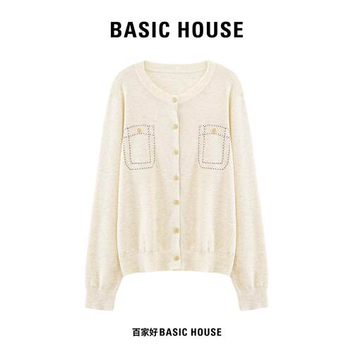 Basic House/百家好简约气质针织开衫女明线装饰口袋圆领显瘦上衣