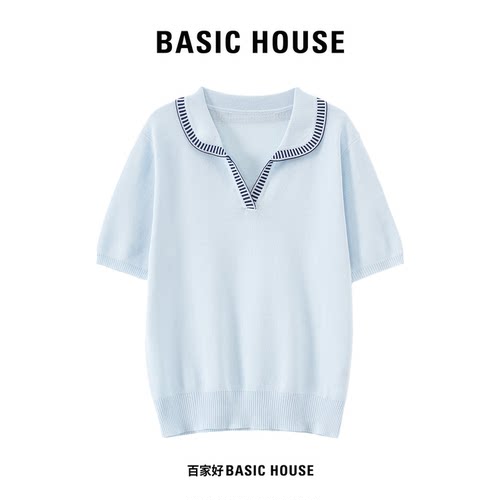Basic House/百家好翻领针织短袖女夏季薄款显瘦撞色百搭短款上衣
