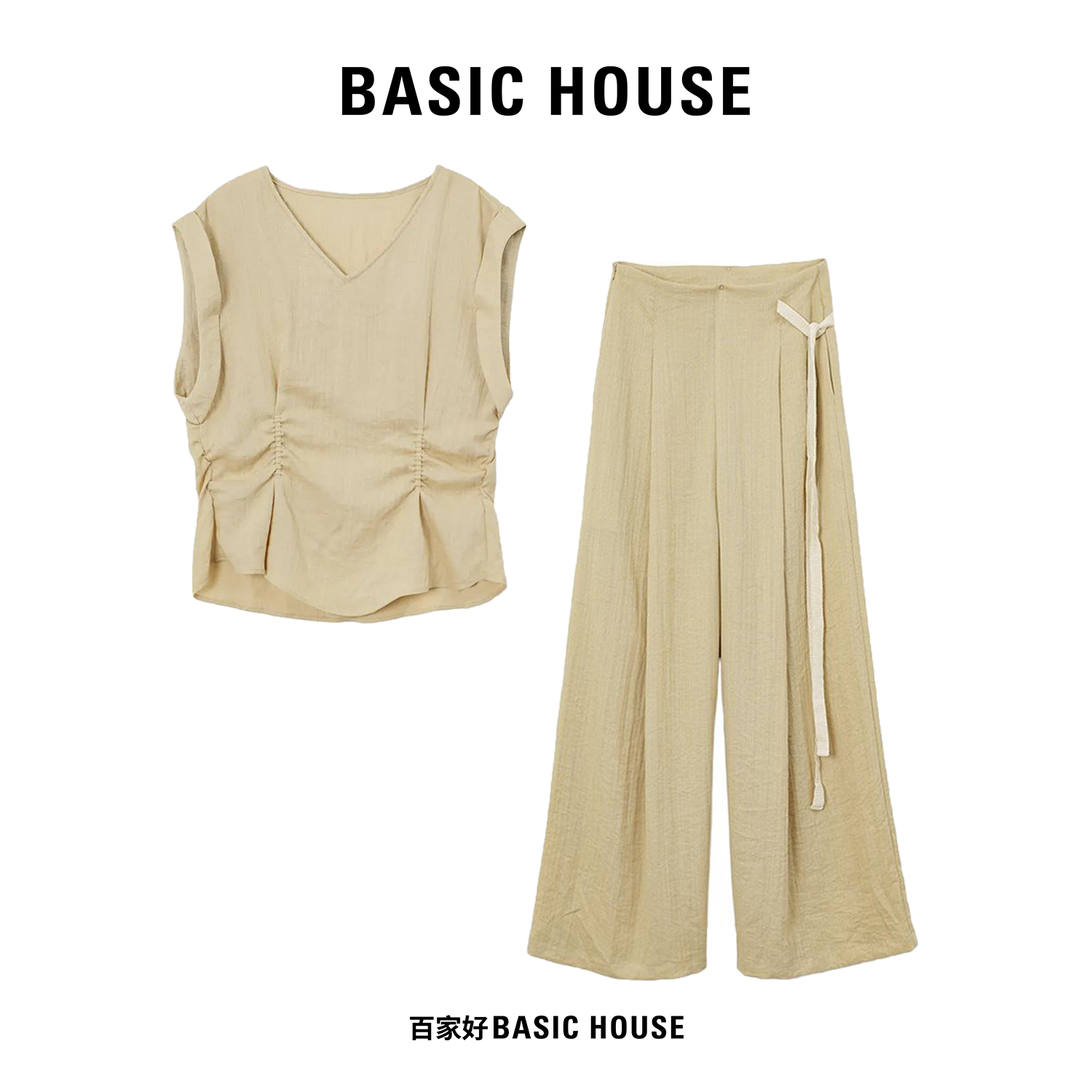 时尚肩袖抽绳V领设计感气质套装