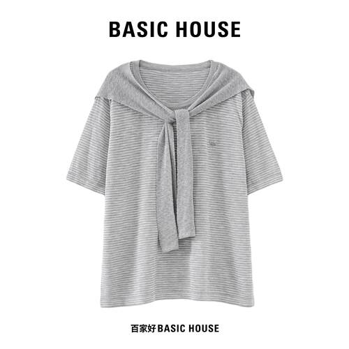 Basic House/百家好慵懒风灰色条纹针织夏季薄款宽松透气百搭上衣