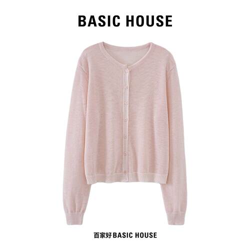 Basic House/百家好夏季薄款镂空圆领针织开衫女单排扣防晒空调衫