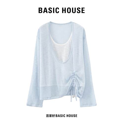 Basic House/百家好休闲慵懒风防晒针织衫女抽绳收腰薄款长袖上衣
