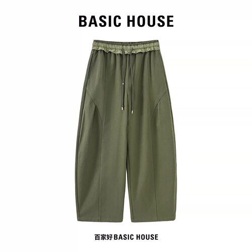 Basic House/百家好花苞腰抽绳工装阔腿裤女立体分割线弯刀休闲裤