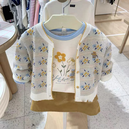 秋冬新款满印印花毛衣开衫韩系甜美舒适百搭女童羊毛上衣开衫