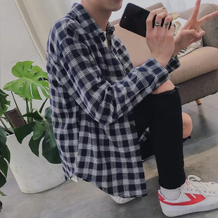 格子衬衫男长袖韩风潮bf港风日系复古宽松外套超仙心机设计感衬衣