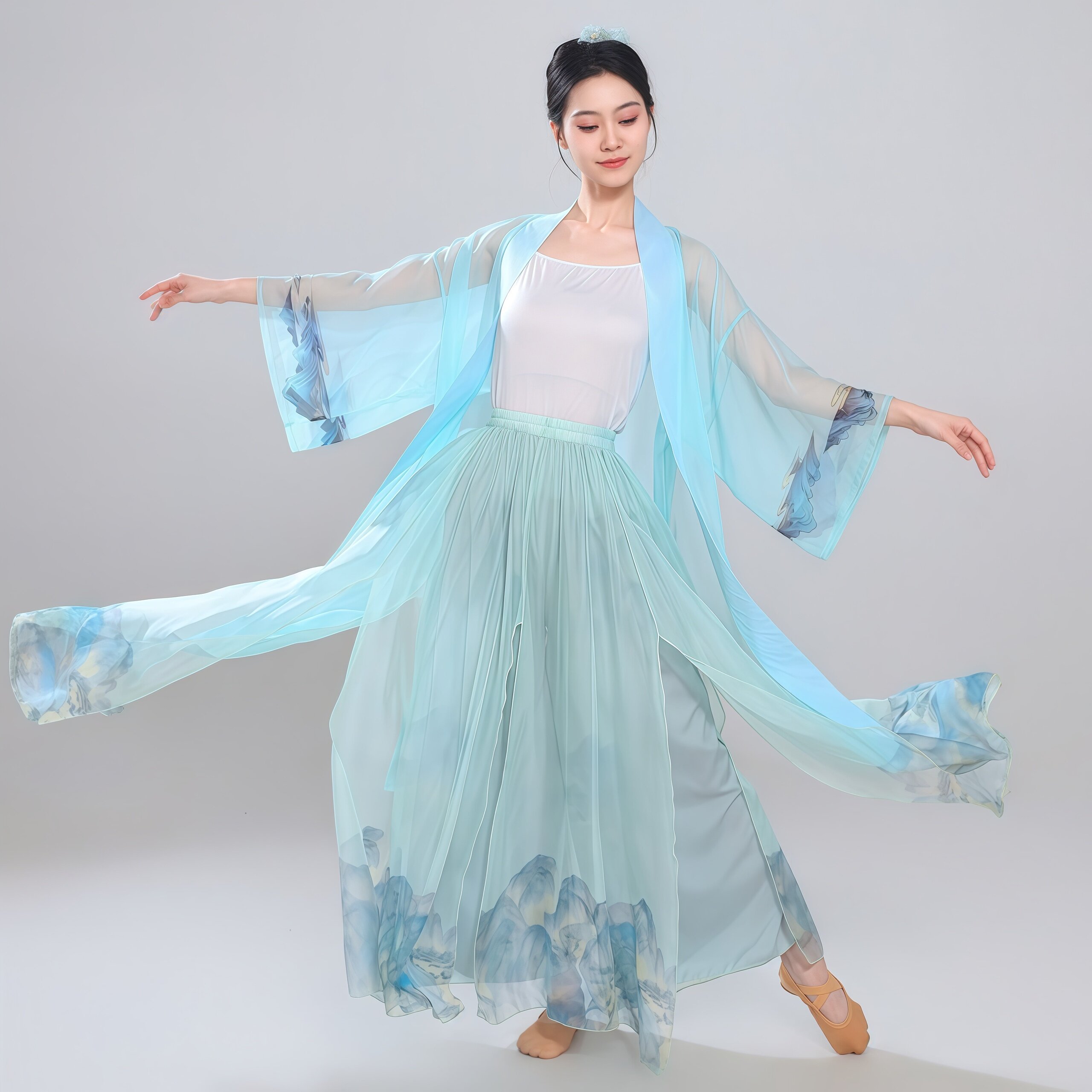 古典舞蹈服女长款开衫纱衣飘逸身韵裙裤中国风山水晕染印花演出服