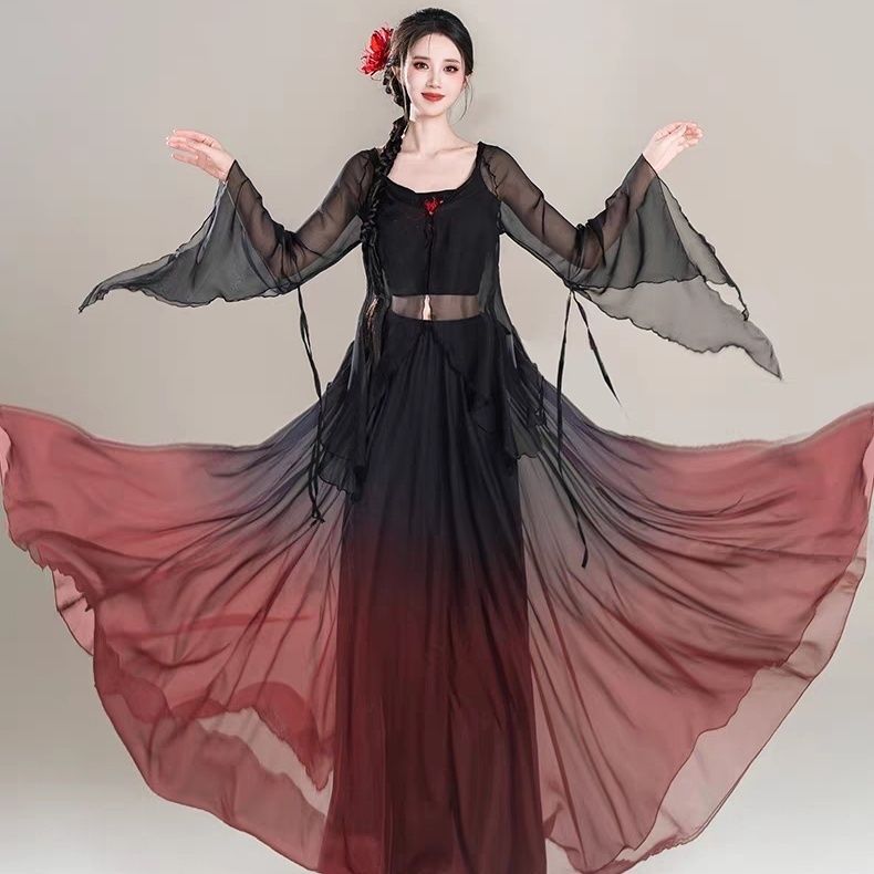 新款古典舞表演服渐变黑红大摆裙