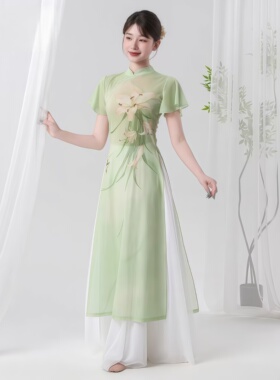 古典舞绿色旗袍舞蹈服身韵纱衣显瘦练功服飘逸裙裤中国舞演出服装