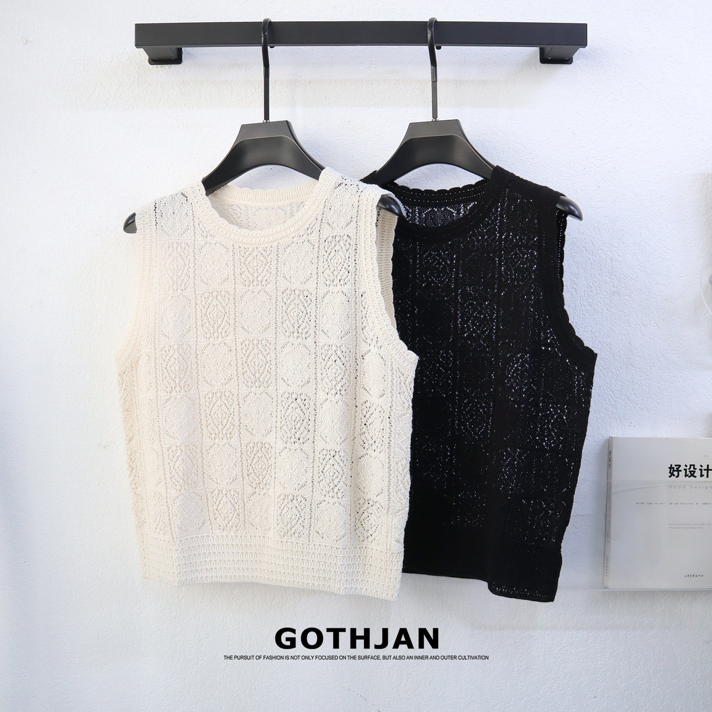 GOTHJAN羊毛薄款圆领镂空钩花无袖针织衫背心女夏季马甲气质上衣