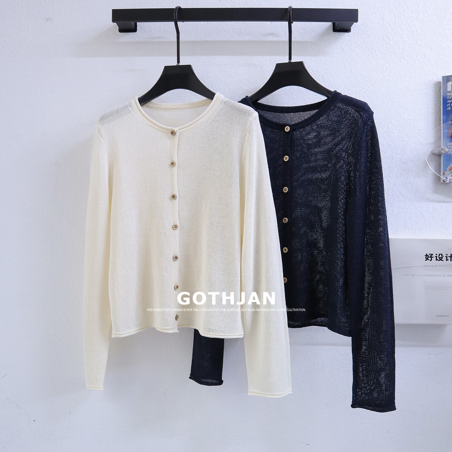 GOTHJAN高级和纸纱针织开衫长袖女夏休闲风防晒衫卷边毛衣上衣薄