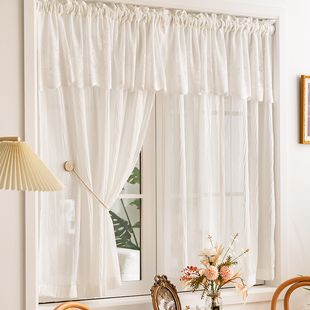 法式轻奢压皱窗帘纱帘透光不透人免打孔魔术贴卧室飘窗隔断白色纱