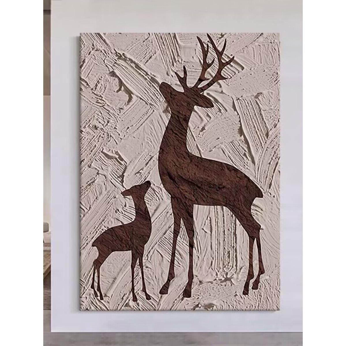 纯手绘小鹿抽象立体肌理装饰画玄关竖款大型油画绿色高端现代挂画图片