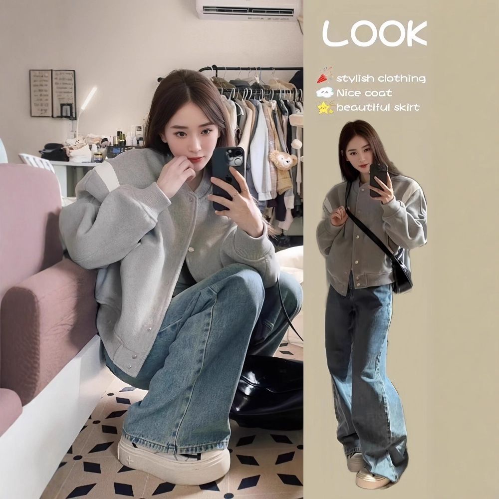 灰色棒球服外套女秋冬季2