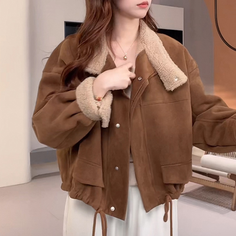 短款加绒加厚麂皮绒外套