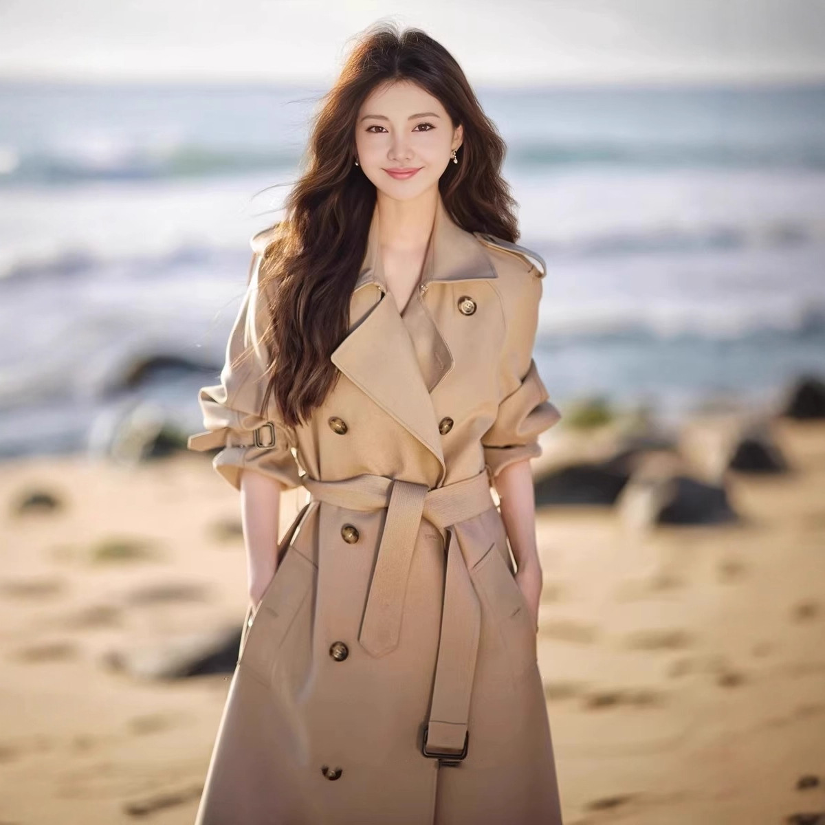 高端卡其色风衣外套女202