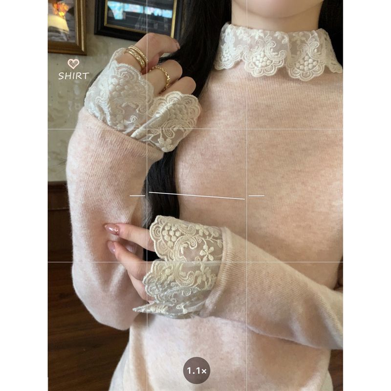 小个子娃娃领修身蕾丝拼